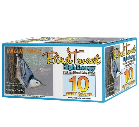 Box of ten high energy suet cakes with bird image for feeding wild birds outdoors year-round