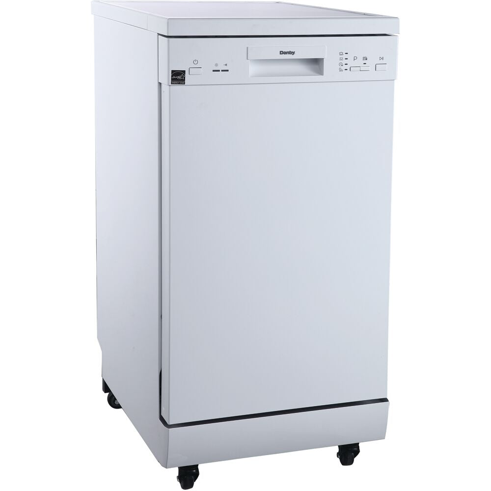 Freestanding white portable dishwasher with digital control panel and caster wheels for kitchen and appliances collection