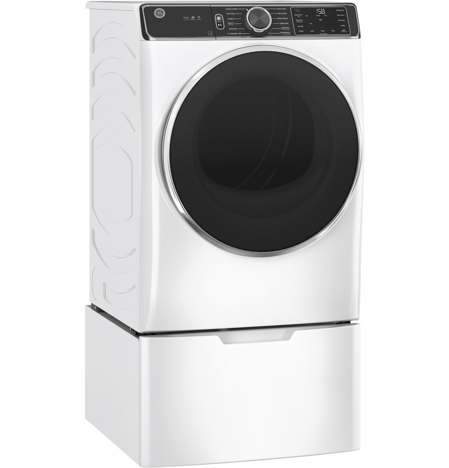 White front-load washing machine with black door on matching pedestal for laundry appliance parts and accessories