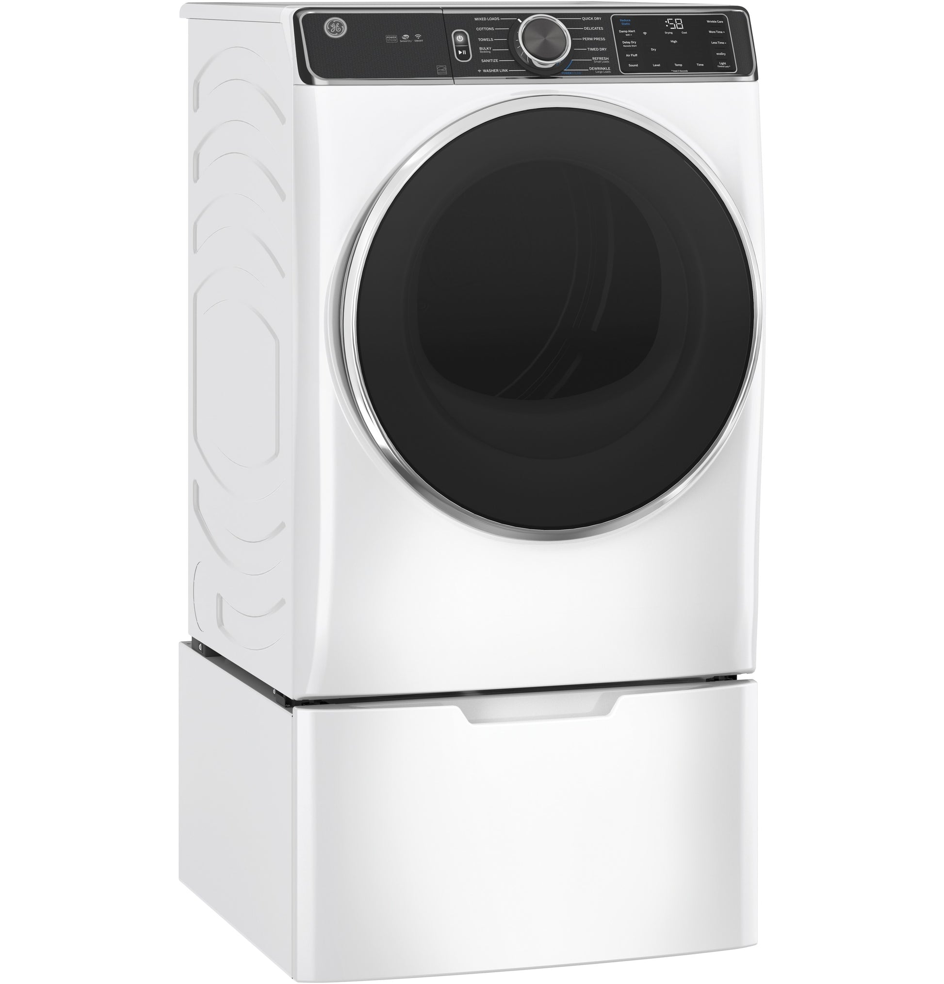 White front-load washing machine with black door on matching pedestal for laundry appliance parts and accessories