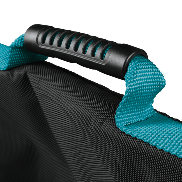 Close-up of a sturdy teal nylon strap with black plastic handle on a padded protective bag for woodworking tool accessories.