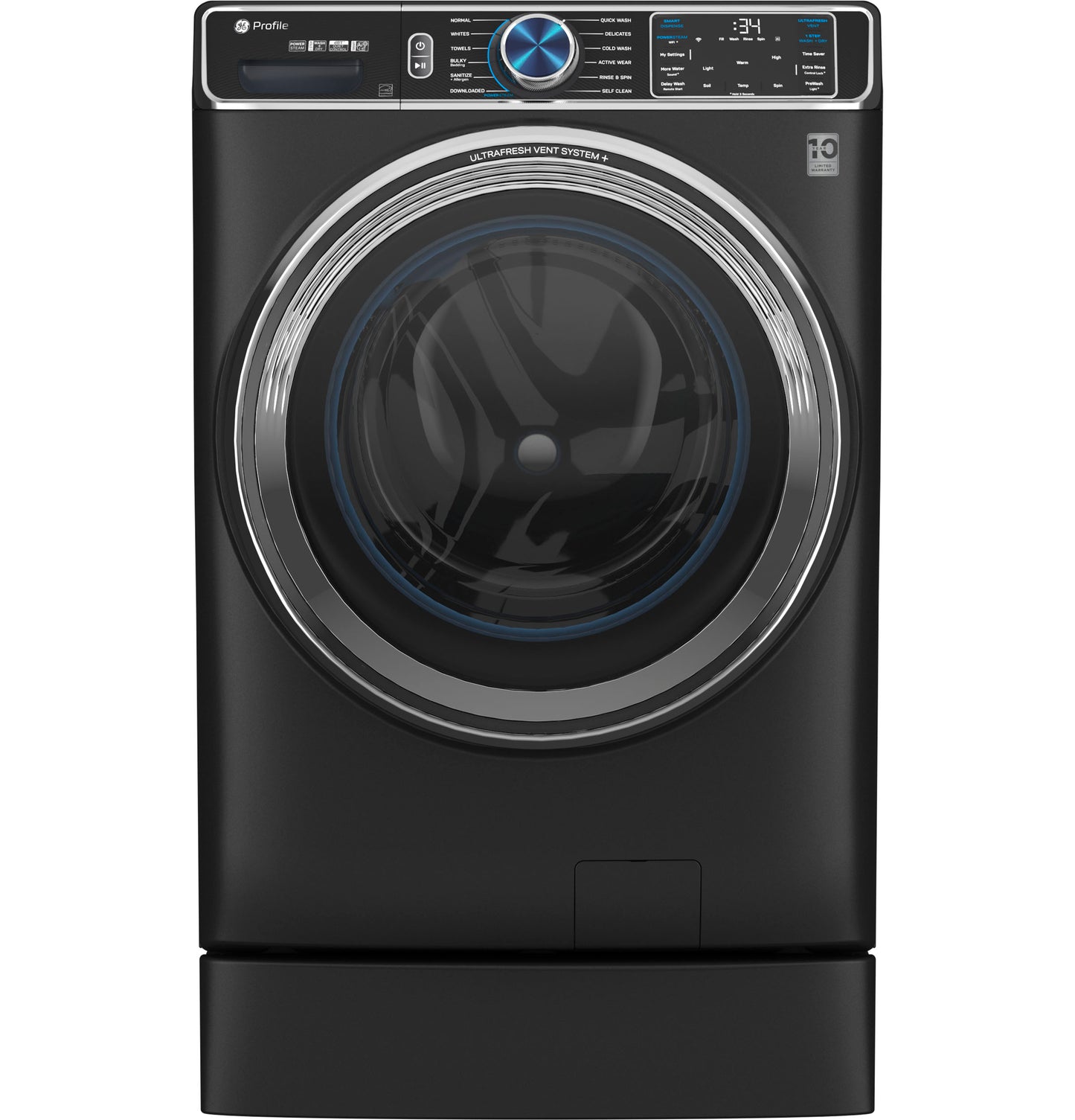 Front view of black front-load washing machine with digital control panel in appliance parts and accessories collection