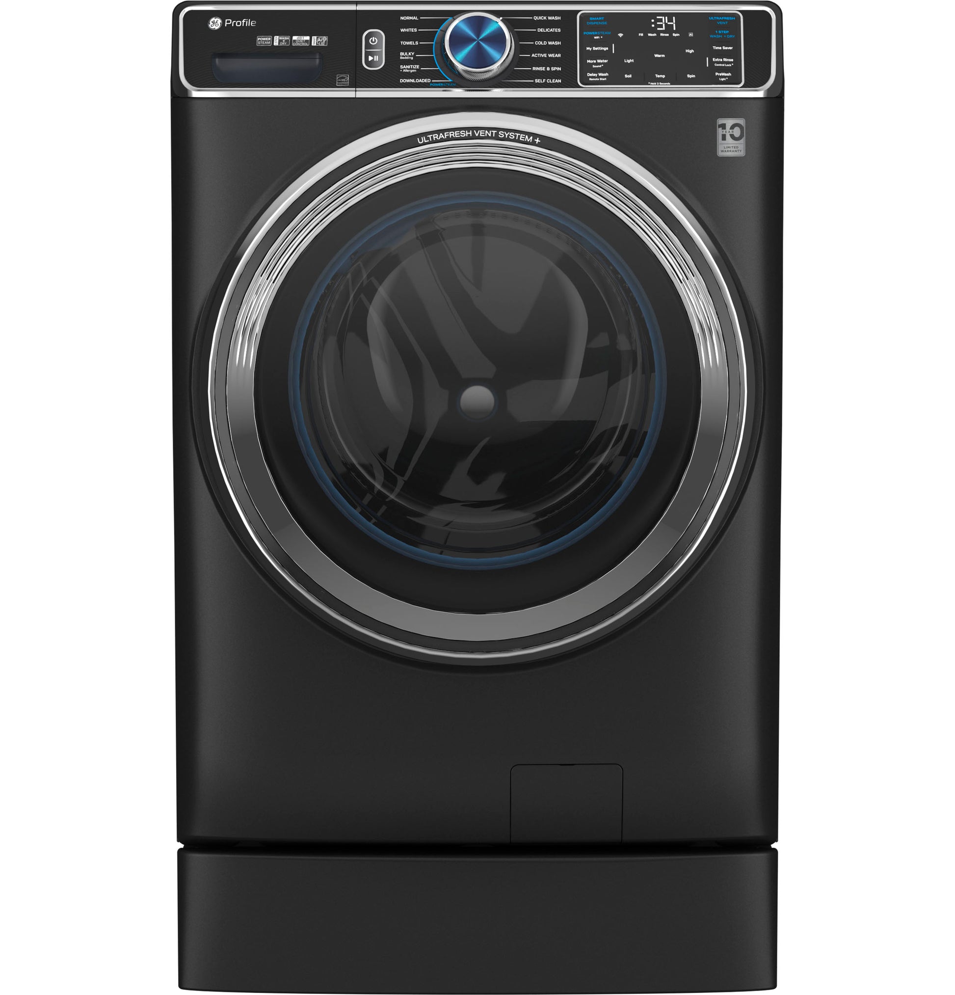 Front view of black front-load washing machine with digital control panel in appliance parts and accessories collection