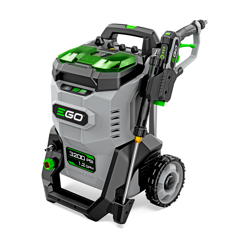 Cordless pressure washer with 3200 PSI power, two batteries, green and gray body, and wheels for home improvement tasks