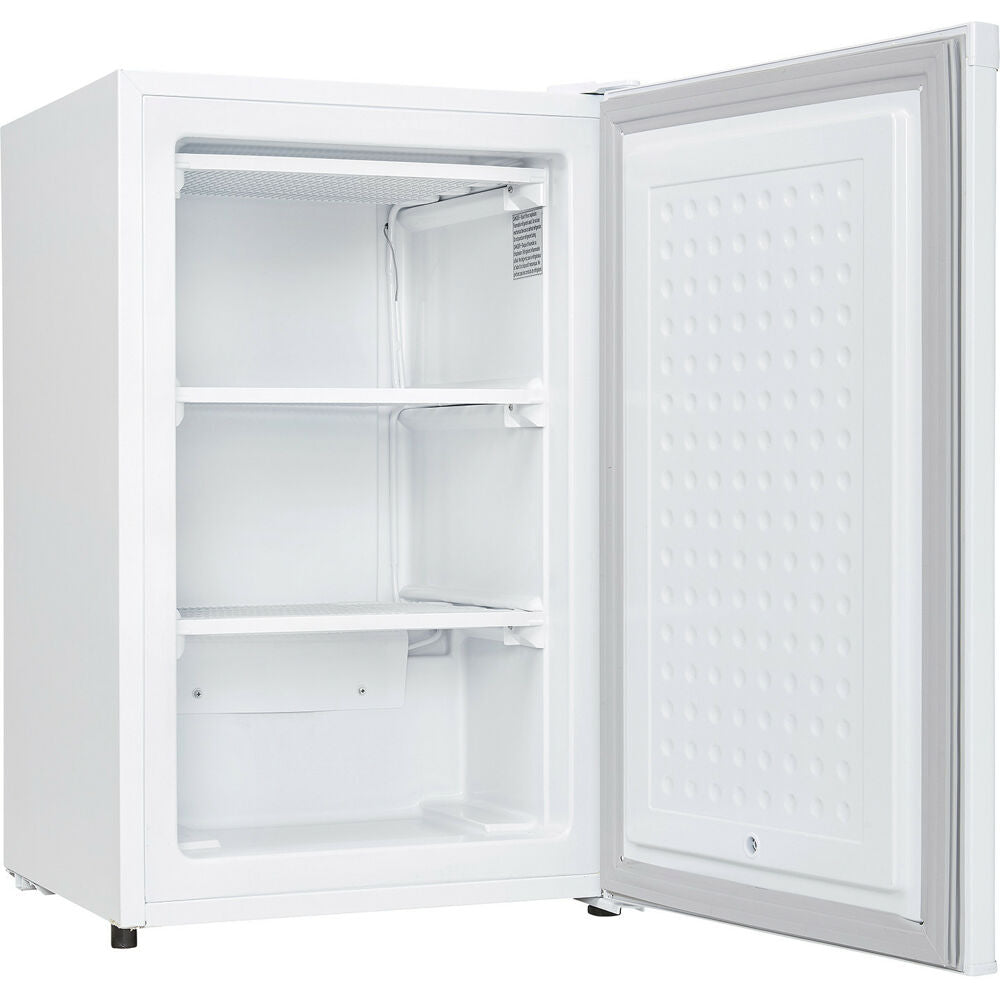 Compact white upright freezer with open door showing empty interior shelves in freezers and kitchen appliances collection