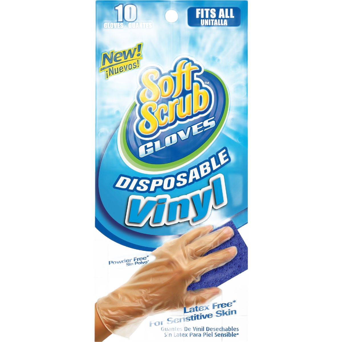 Package of powder-free vinyl disposable gloves shown with hand using a blue cleaning sponge under $50 cleaning tools