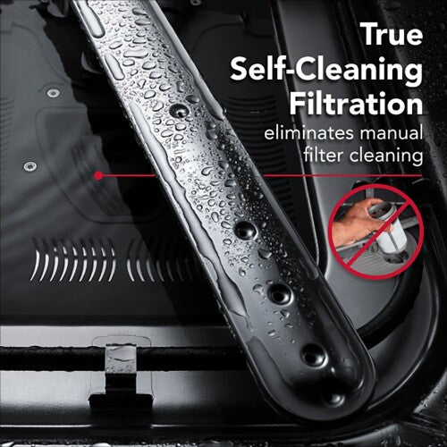 Close-up of dishwasher interior spray bar covered with water droplets highlighting self-cleaning filtration feature.