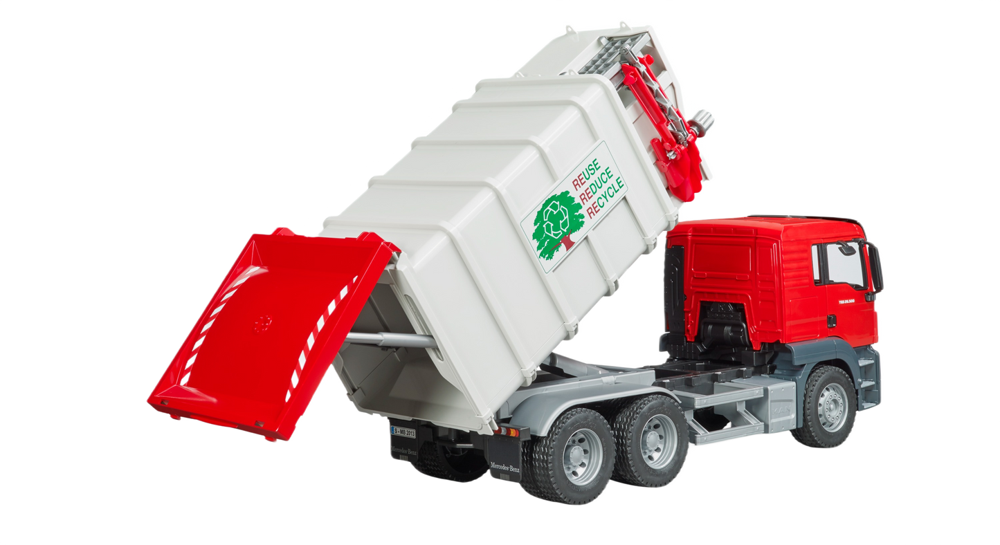 Red and grey Bruder toy garbage truck with side loading feature in Vehicles & Remote Controlled Toys collection