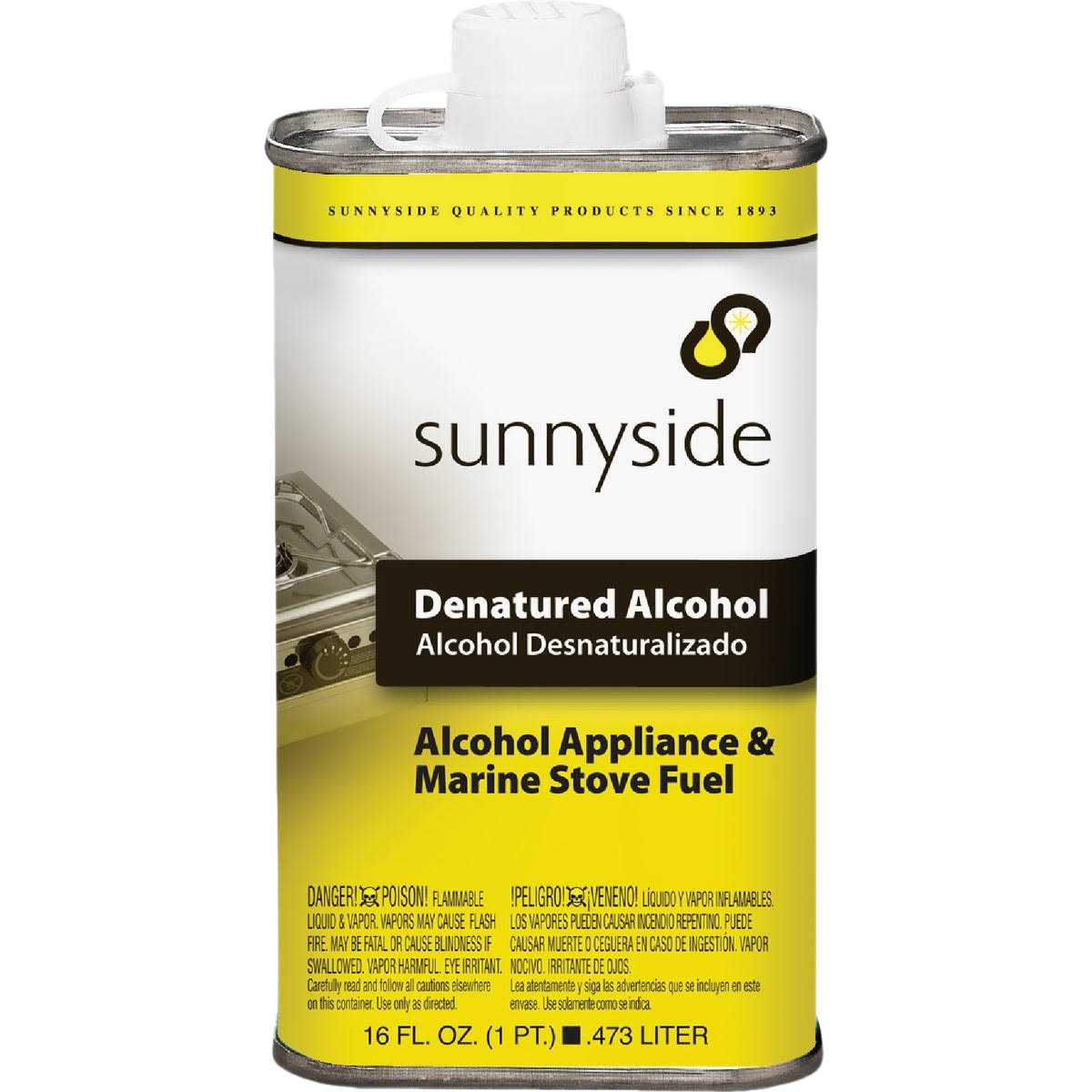 Metal container of Sunnyside denatured alcohol solvent for paint supplies and home improvement use