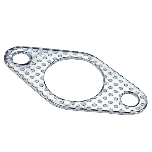Metal gasket with textured surface and three mounting holes designed for muffler installation in tools and home improvement projects