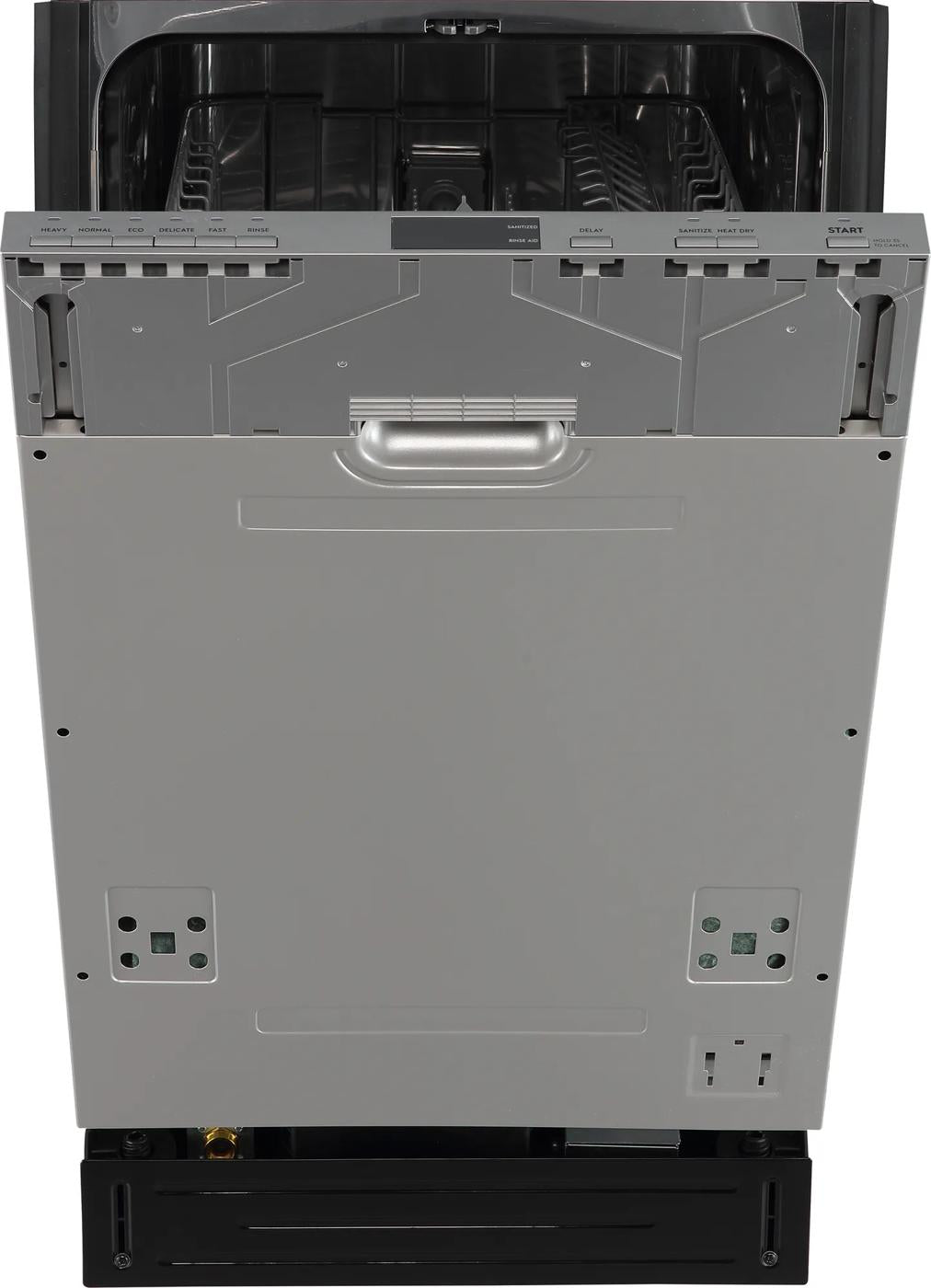 Front view of an 18-inch panel-ready dishwasher with an open door revealing the control panel, featured in Built-in Dishwashers and Kitchen & Kitchenware at Hartville Hardware.
