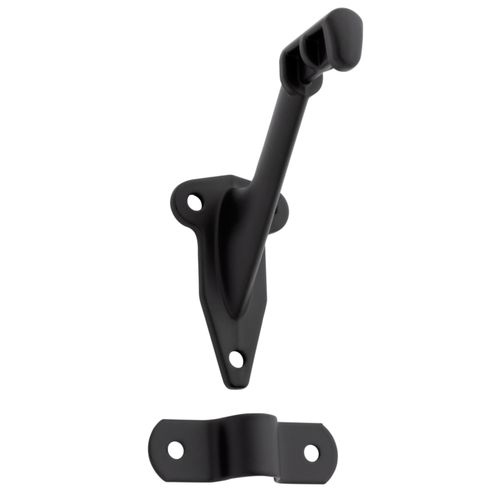 Matte black metal handrail bracket with mounting hardware for wall attachment in shelving and organization tools