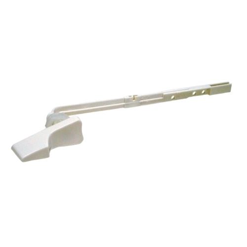 White adjustable toilet tank handle designed for easy installation in home improvement projects.