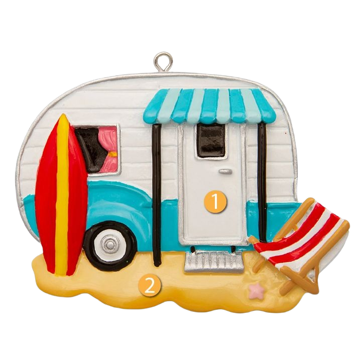 Beach camper ornament with red and yellow surfboard and striped beach chair in Christmas Ornaments collection under $50