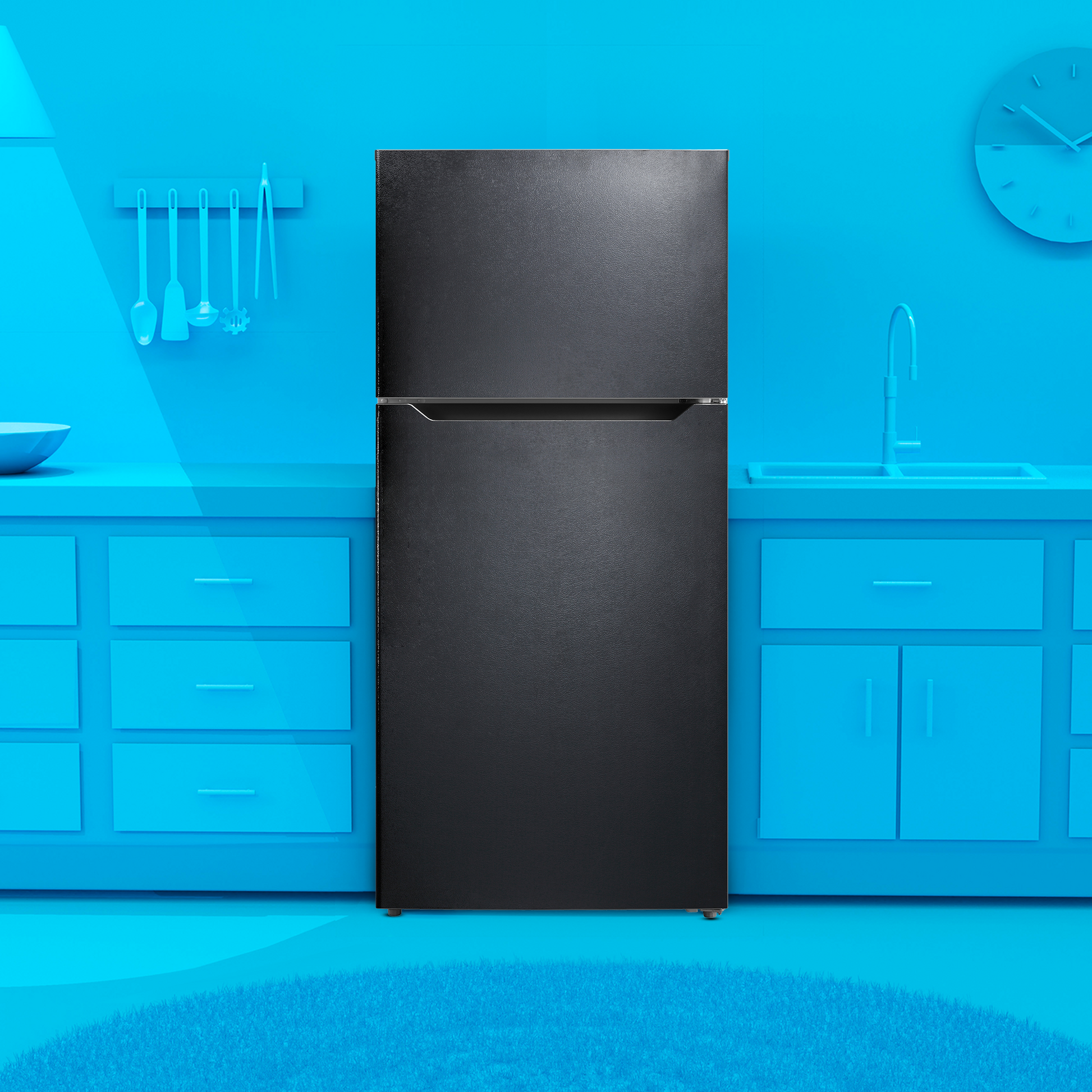 Black top freezer refrigerator with minimalist design in blue-themed kitchen for appliance and refrigerator collections