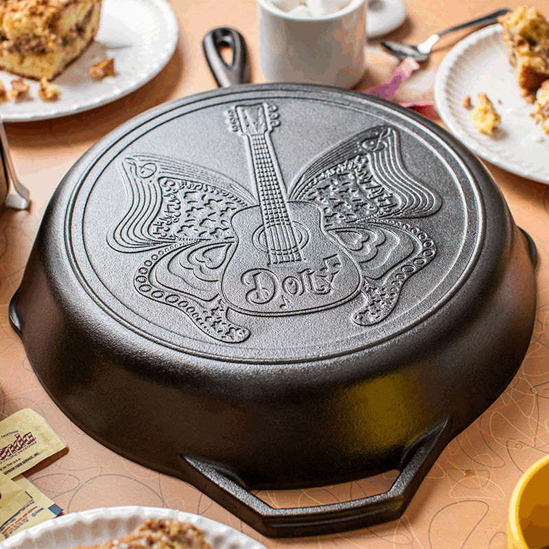 12-inch cast iron skillet with embossed guitar and butterfly design, durable cookware for kitchenware collections under $100