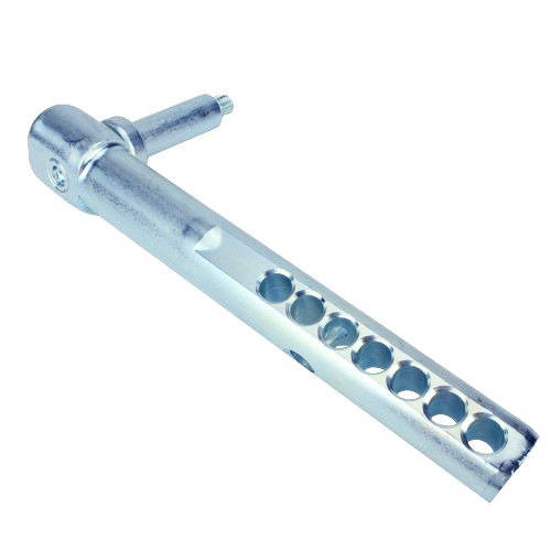 Metal gauge wheel arm with multiple adjustment holes designed for agricultural equipment maintenance and repair tasks