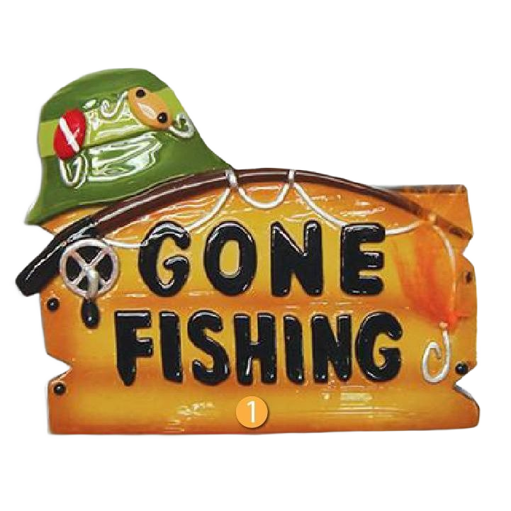 Glossy wooden-style ornament with green fishing hat and tackle, featuring "Gone Fishing" text for Christmas decorations under $50 collection