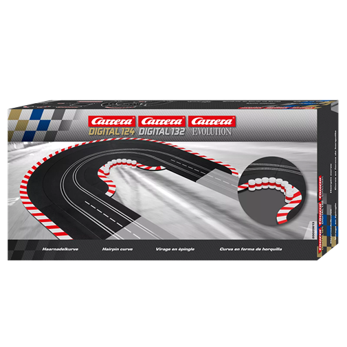 Boxed set of black plastic hairpin curve track piece with red and white edging for slot car racing systems