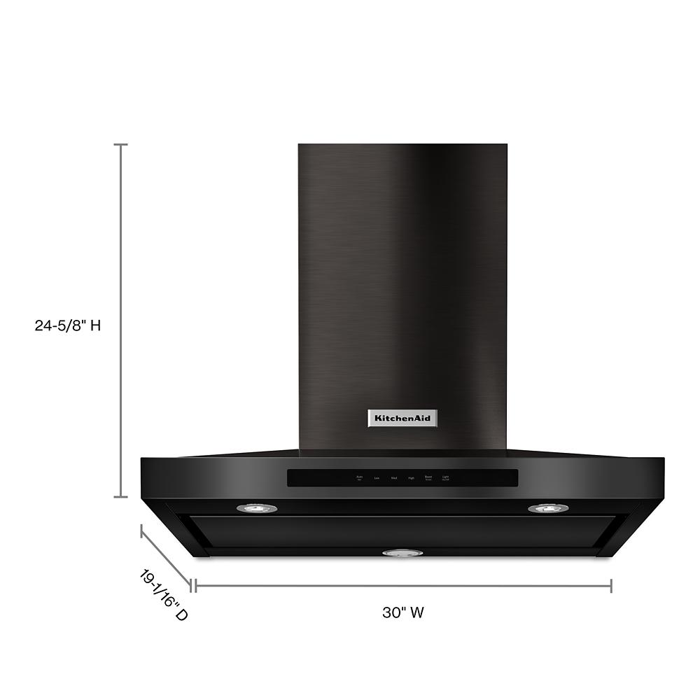 30-inch black wall-mount canopy vent hood with 3-speed fan, LED lighting, part of KitchenAid appliances collection