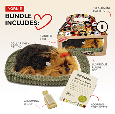 Perfect Petzzz Yorkie resting in plush bed with carrier, collar, grooming brush, battery, and adoption certificate toy set under $50