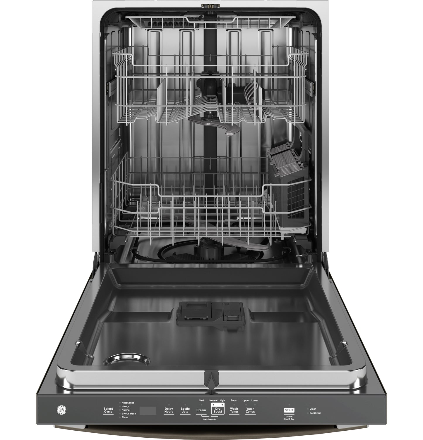 Open built-in dishwasher with stainless steel interior, adjustable racks, and sanitize cycle controls from kitchen appliances collection