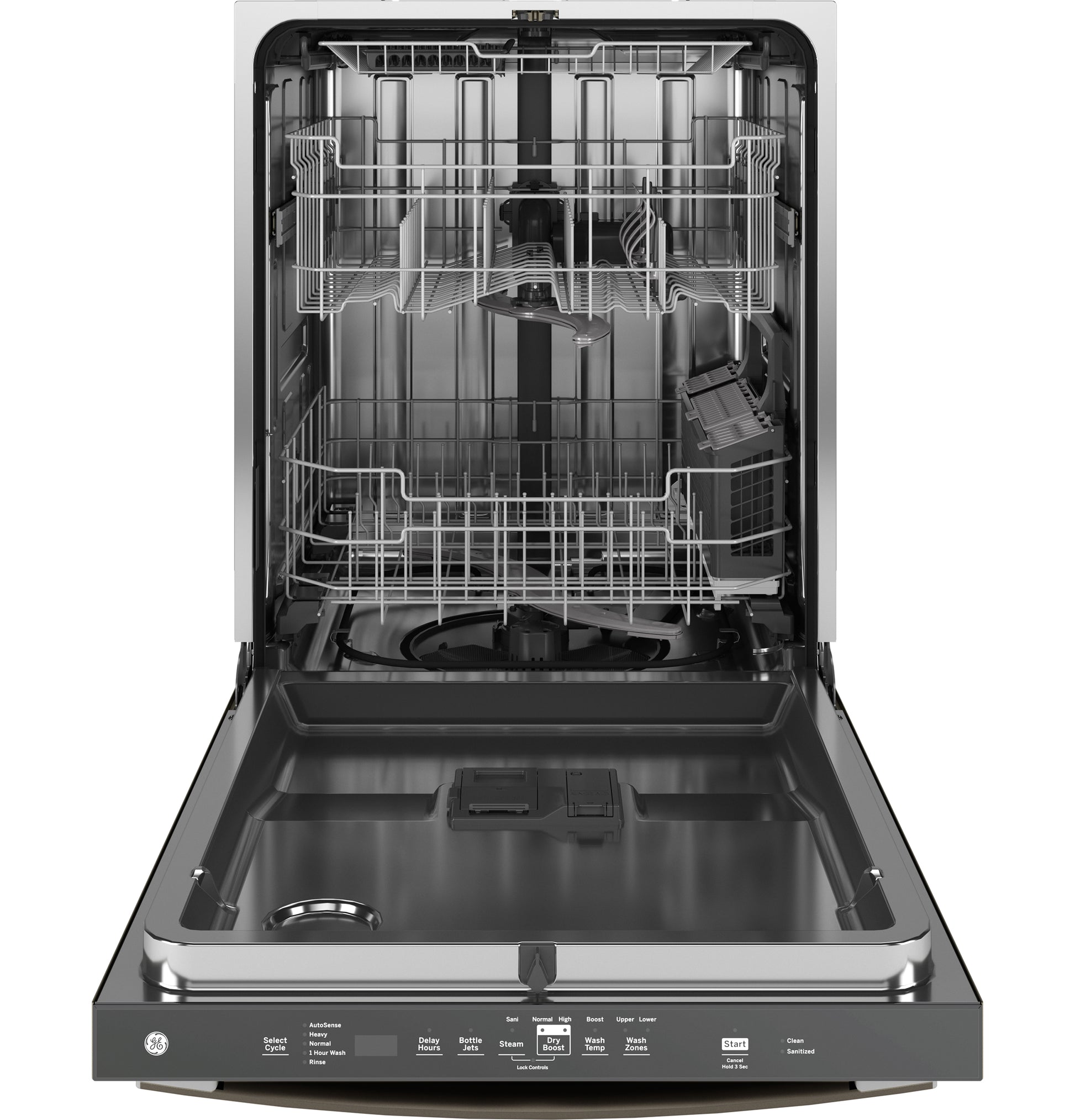 Open built-in dishwasher with stainless steel interior, adjustable racks, and sanitize cycle controls from kitchen appliances collection