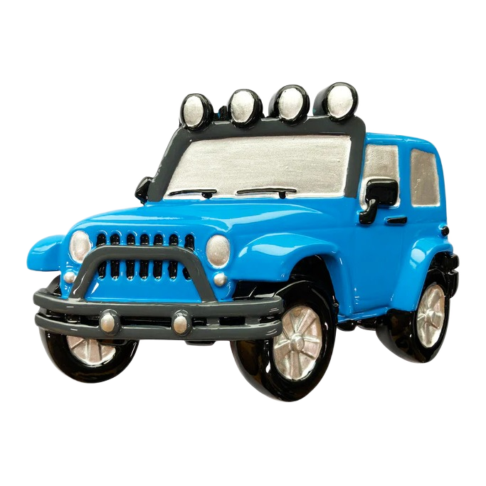 Blue off-road vehicle ornament with roof lights and detailed grille for Christmas tree decorations under $50 collection