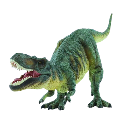 Green and yellow detailed Tyrannosaurus Rex toy figure with open mouth and textured skin design