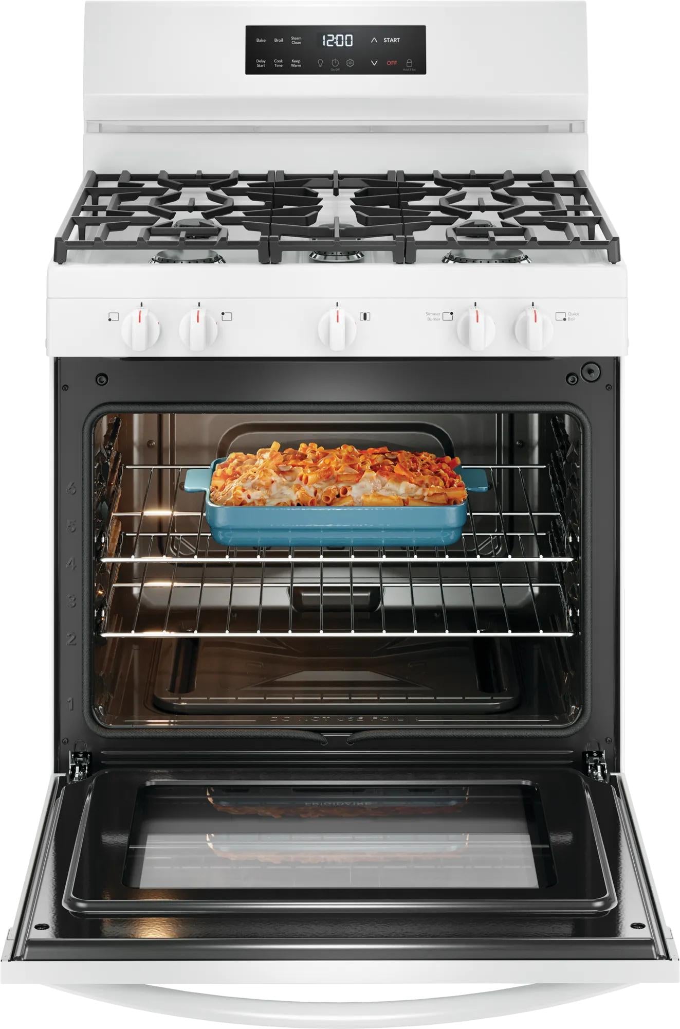 White gas range with five burners and digital control panel, oven door open with casserole dish inside from Ranges collection