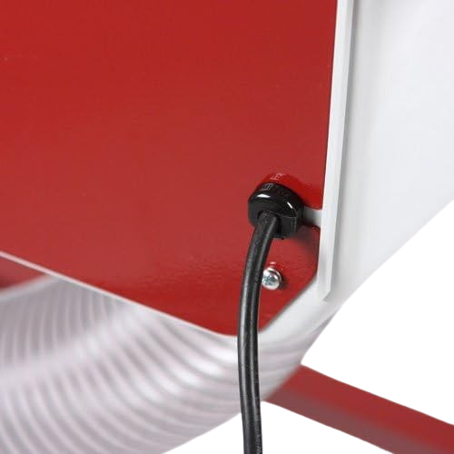 Close-up of black cable connected to red and white dust collection cabinet for woodworking tools and measuring tools collections