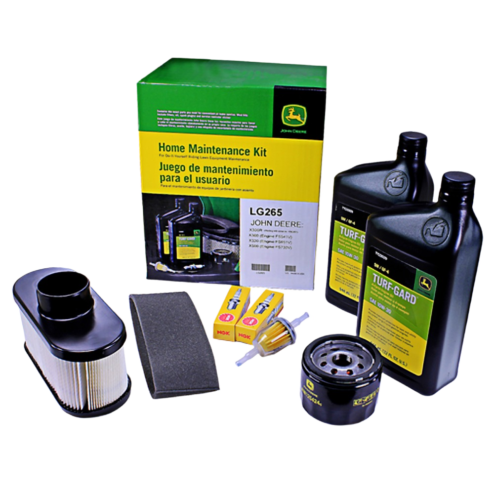 John Deere home maintenance kit with oil, filters, spark plugs, and air filter for lawn equipment upkeep