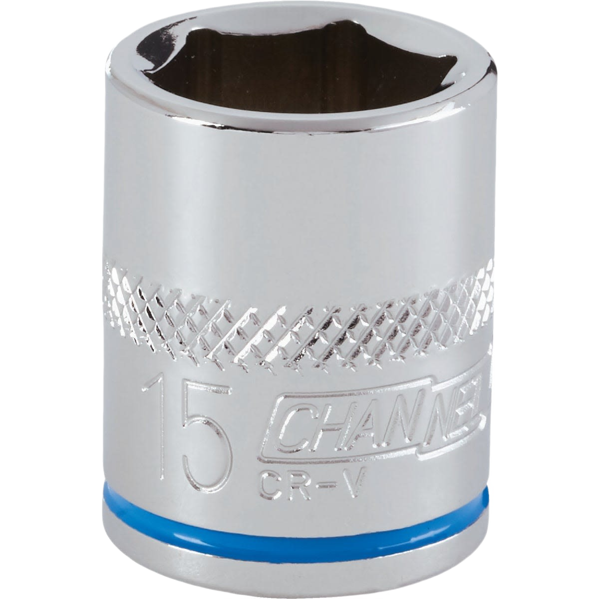 Chrome-finished shallow 15mm 6-point metric socket with textured grip band for hand tools and woodworking collections