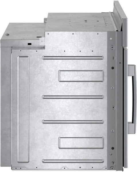Side view of stainless steel built-in single wall oven with handle and metal rails, part of kitchen appliances collection