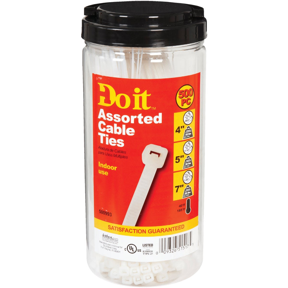 Clear molded nylon cable ties in assorted lengths packaged in a container for Electrical and Home Improvement use