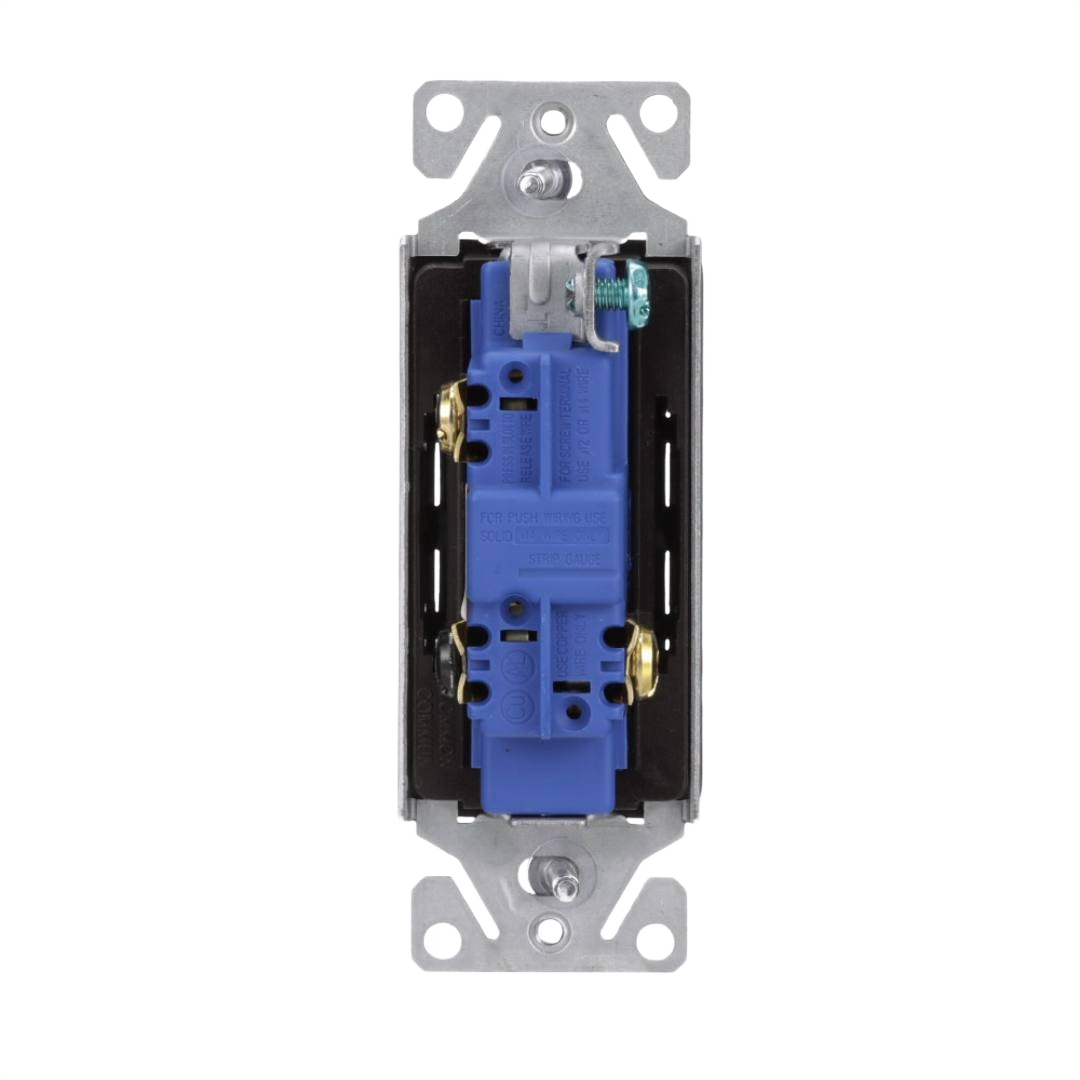 Close-up of Eaton oil rubbed bronze 3-way decorator switch wiring and metal mounting bracket for home improvement tools