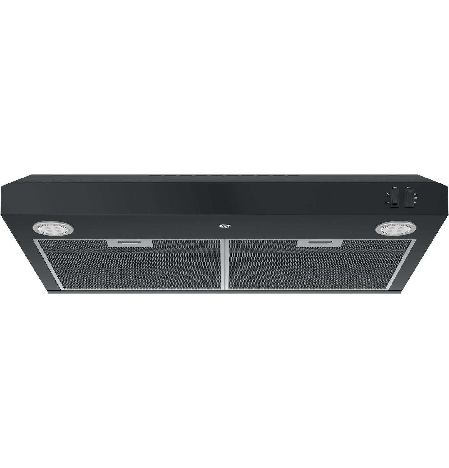 Black under cabinet range hood with dual filters, built-in lights, and two control switches in kitchen appliances collection