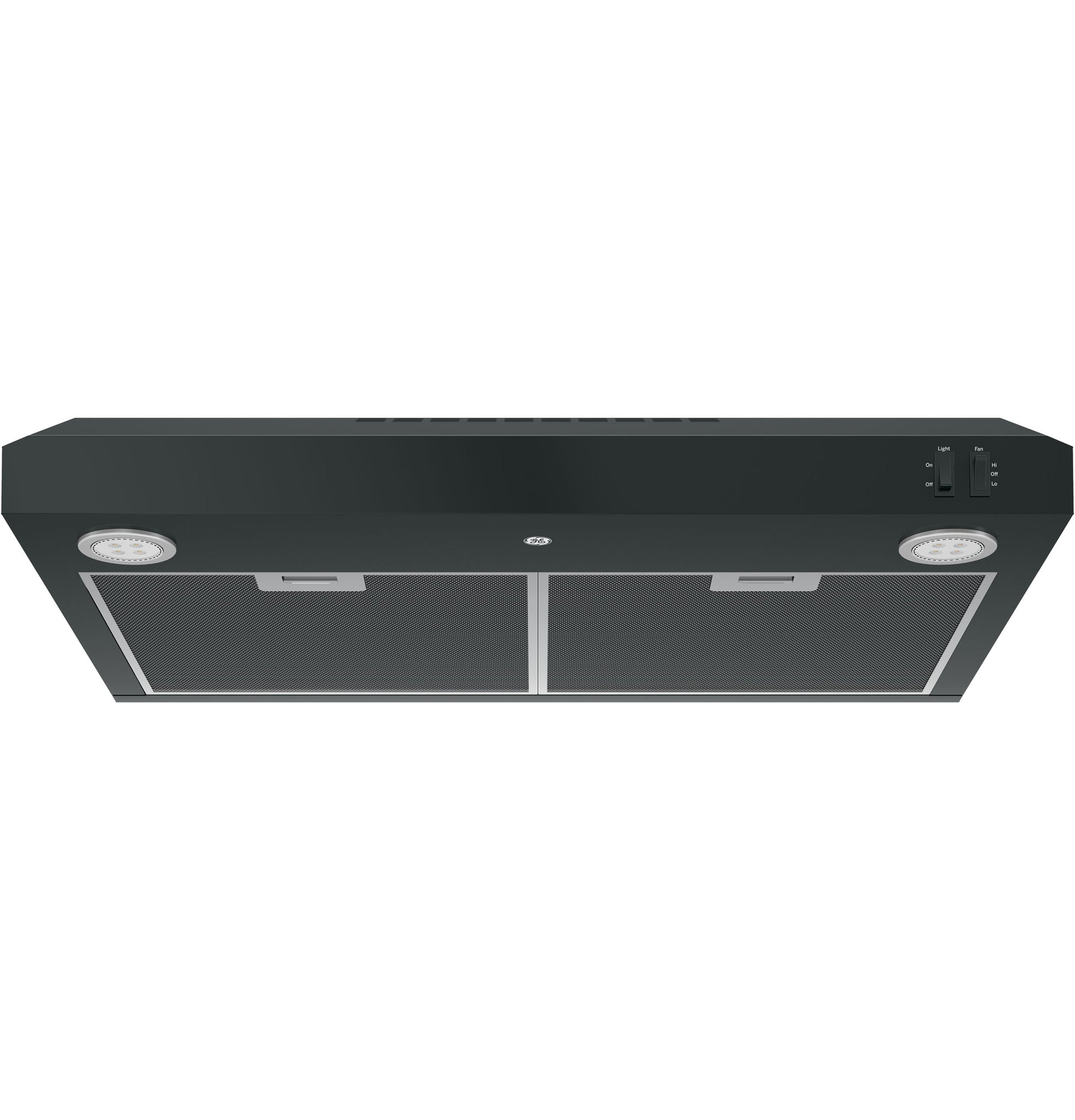 Black under cabinet range hood with dual filters, built-in lights, and two control switches in kitchen appliances collection