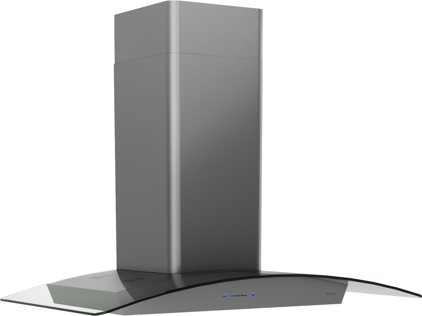 Stainless steel chimney hood with curved glass canopy and LED controls from range hoods and kitchen appliances collection