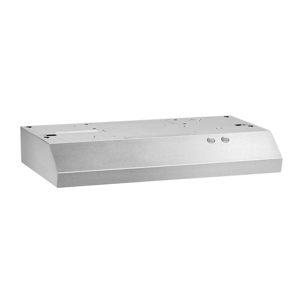 Under cabinet stainless steel range hood with dual controls and full-width grease filters for kitchen appliances collections