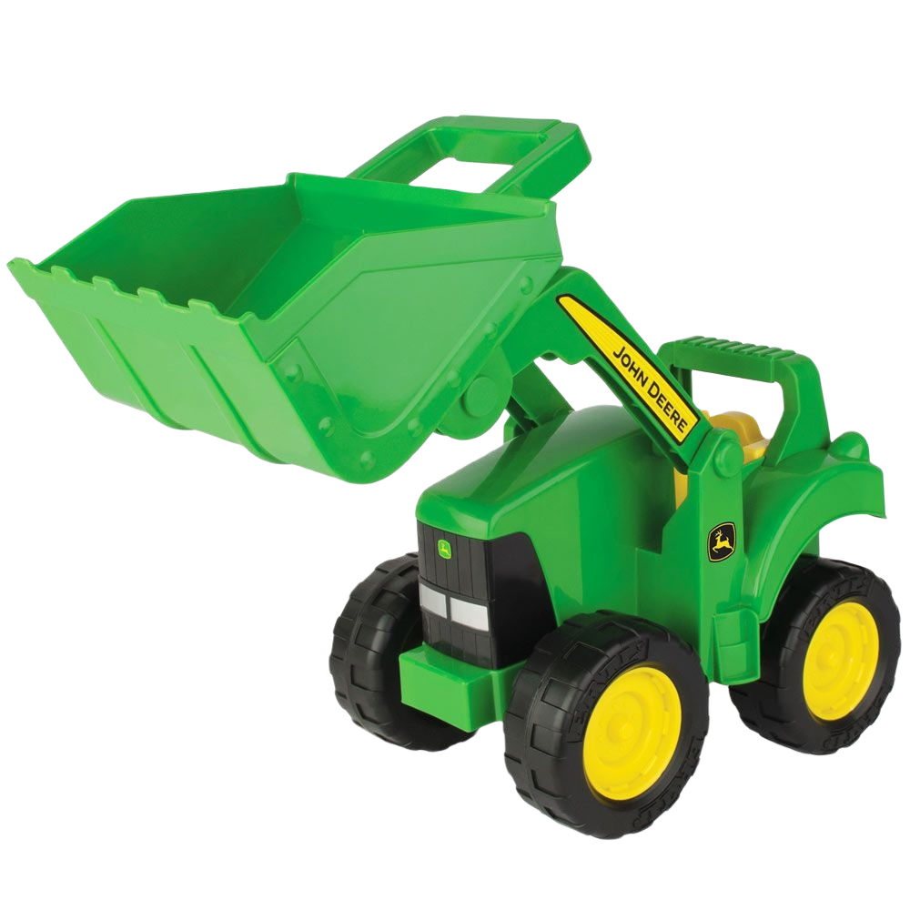 Green and yellow toy tractor with front loader scoop for imaginative play and outdoor fun