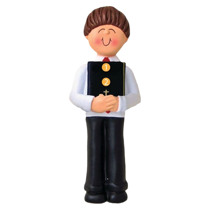 Brunette boy figurine holding a Bible in First Communion attire Christmas ornament under $50 decoration