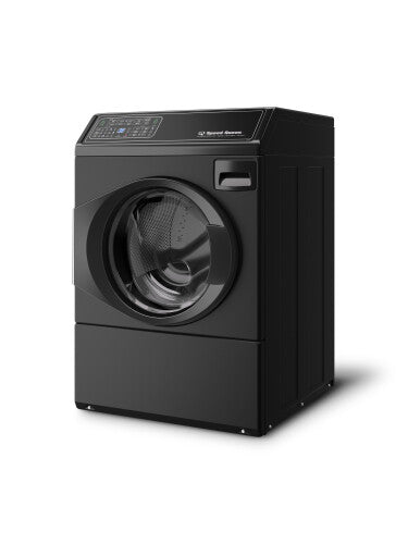 Matte black left-hinged front load washer with digital controls in washers and appliances collections