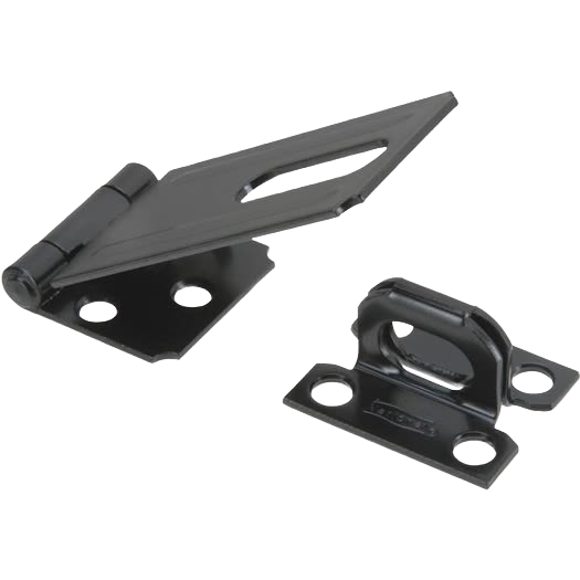Black steel non-swivel safety hasp with brass pin for secure door and gate hardware in home improvement tools under $50