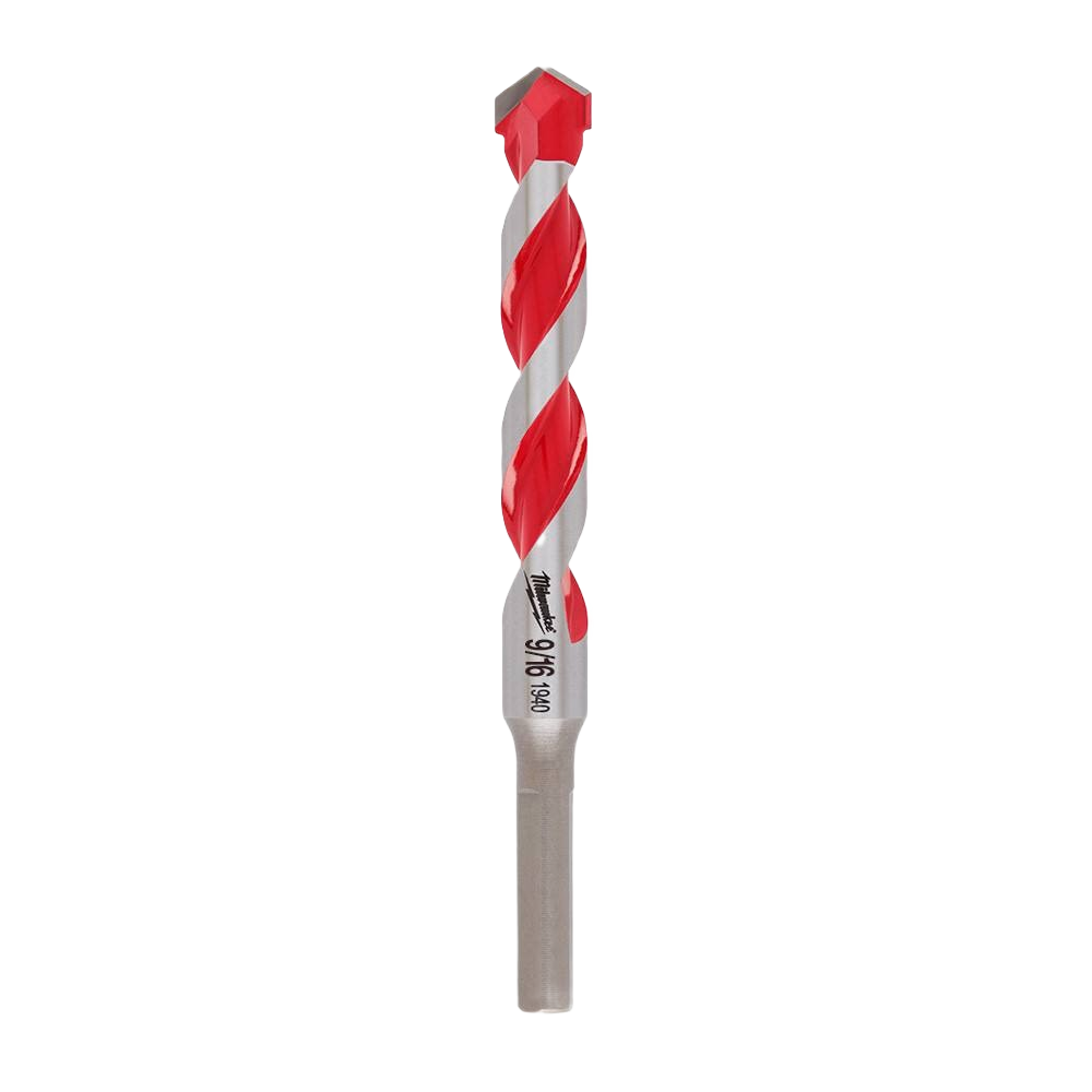 9/16-inch carbide-tipped hammer drill bit with red spiral flutes for power tool accessories and home improvement tasks