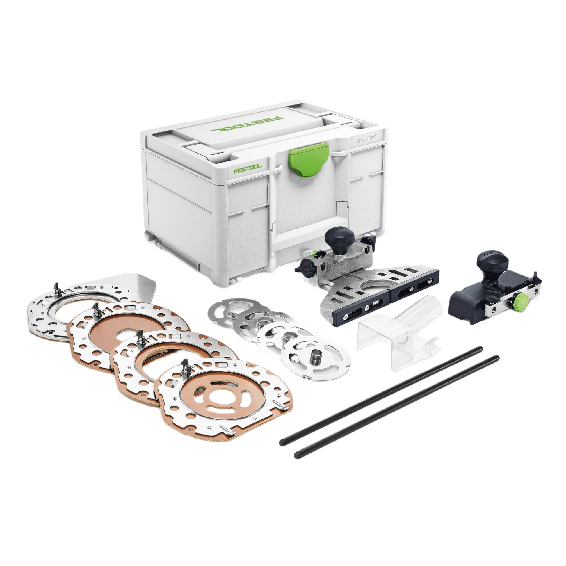 Festool router accessory kit with guide stops, parallel edge guide, dust extraction hood, and storage case in tool accessories collection