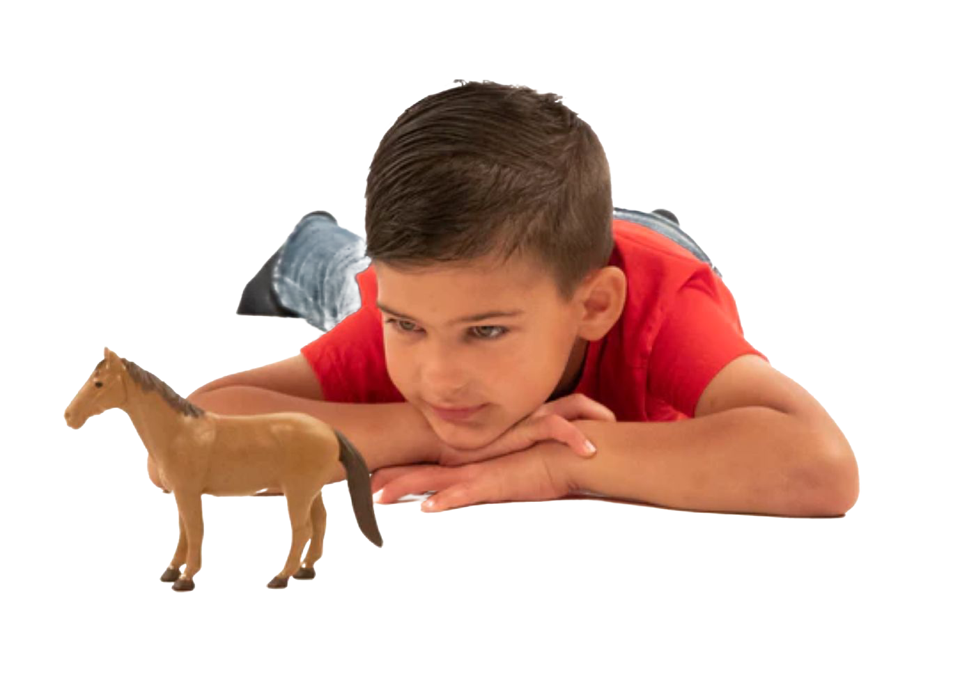 Boy lying down and looking at a brown plastic horse toy from Bruder Toys in Toys & Games collection