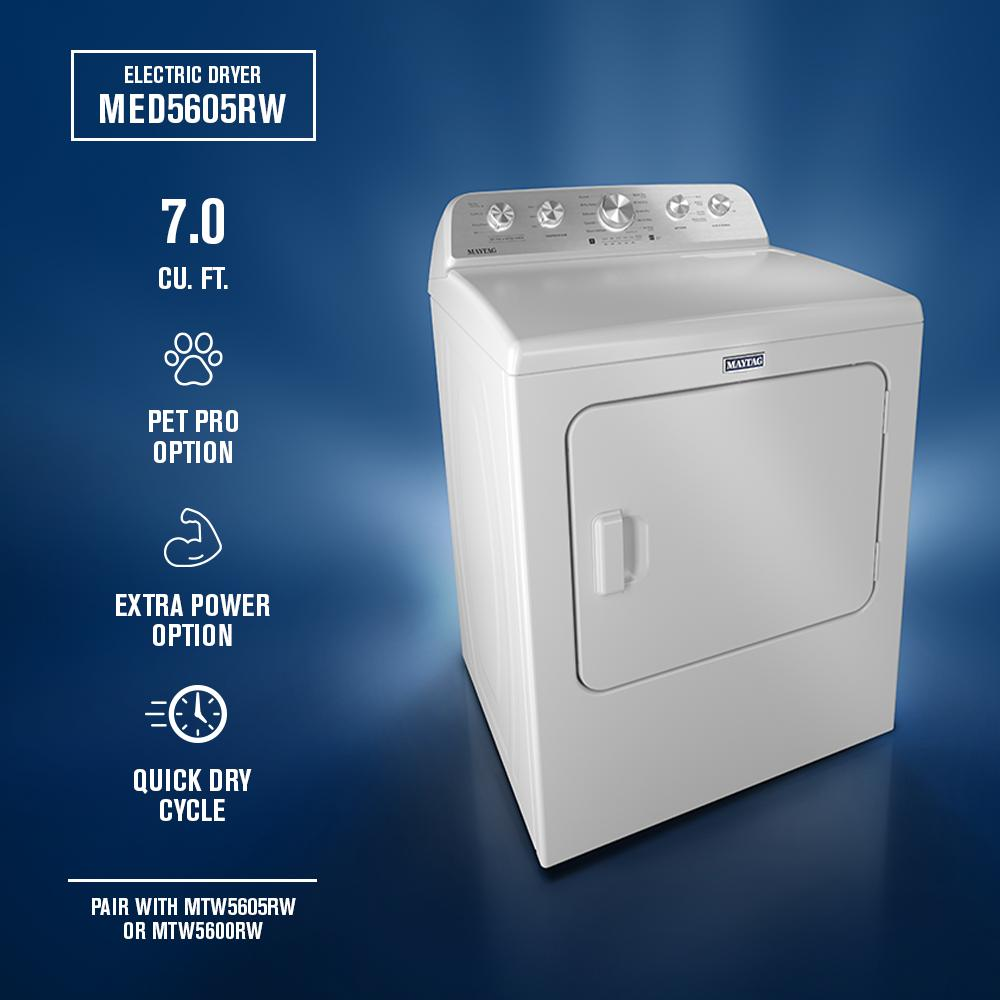 White electric dryer with top control panel, featuring pet hair removal and extra power drying options on blue background