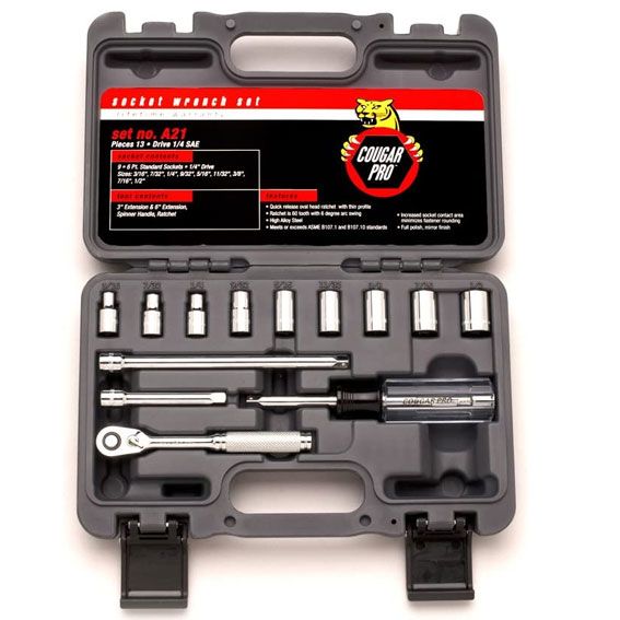 Compact socket wrench set with various 1/4-inch drive sockets and accessories in a molded carry case for hand tools and woodworking uses