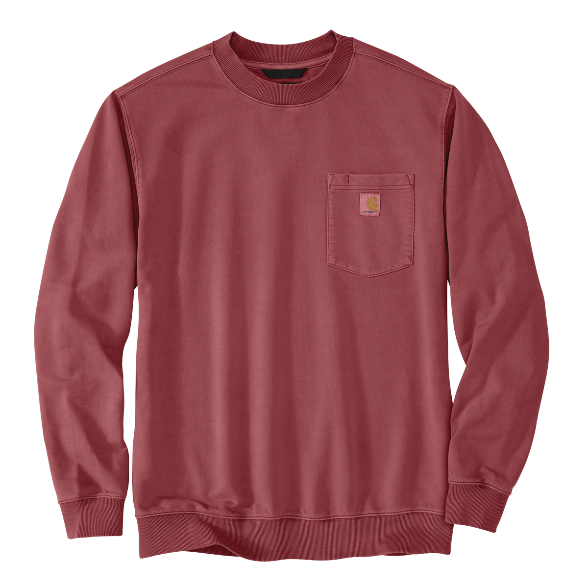 Men’s relaxed fit midweight French Terry crewneck sweatshirt in deep red with a chest pocket and subtle logo patch, ideal for casual wear.